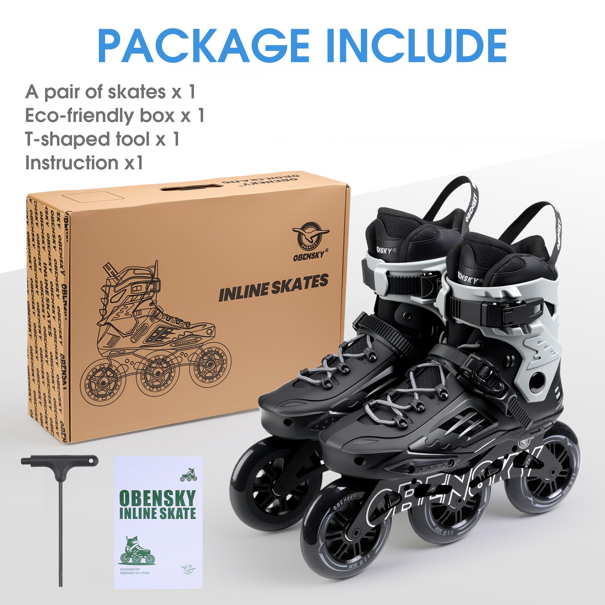 OBENSKY Adults Roller Blades for Women & Men, Inline Skates High Professional Roller Skate Blade for Teens, Fitness & Recreation Racing Skates, Black & Gray, Size 6.5-10.5