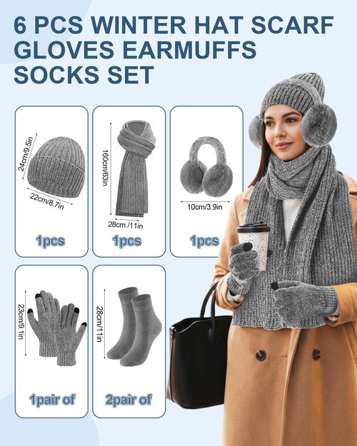 Geyoga 6 Pcs Winter Knit Set Beanie Hat Long Scarf Touchscreen Gloves Ear Muff Socks Warm Valentine Gift for Women Men Snow(Gray,Classic Style)