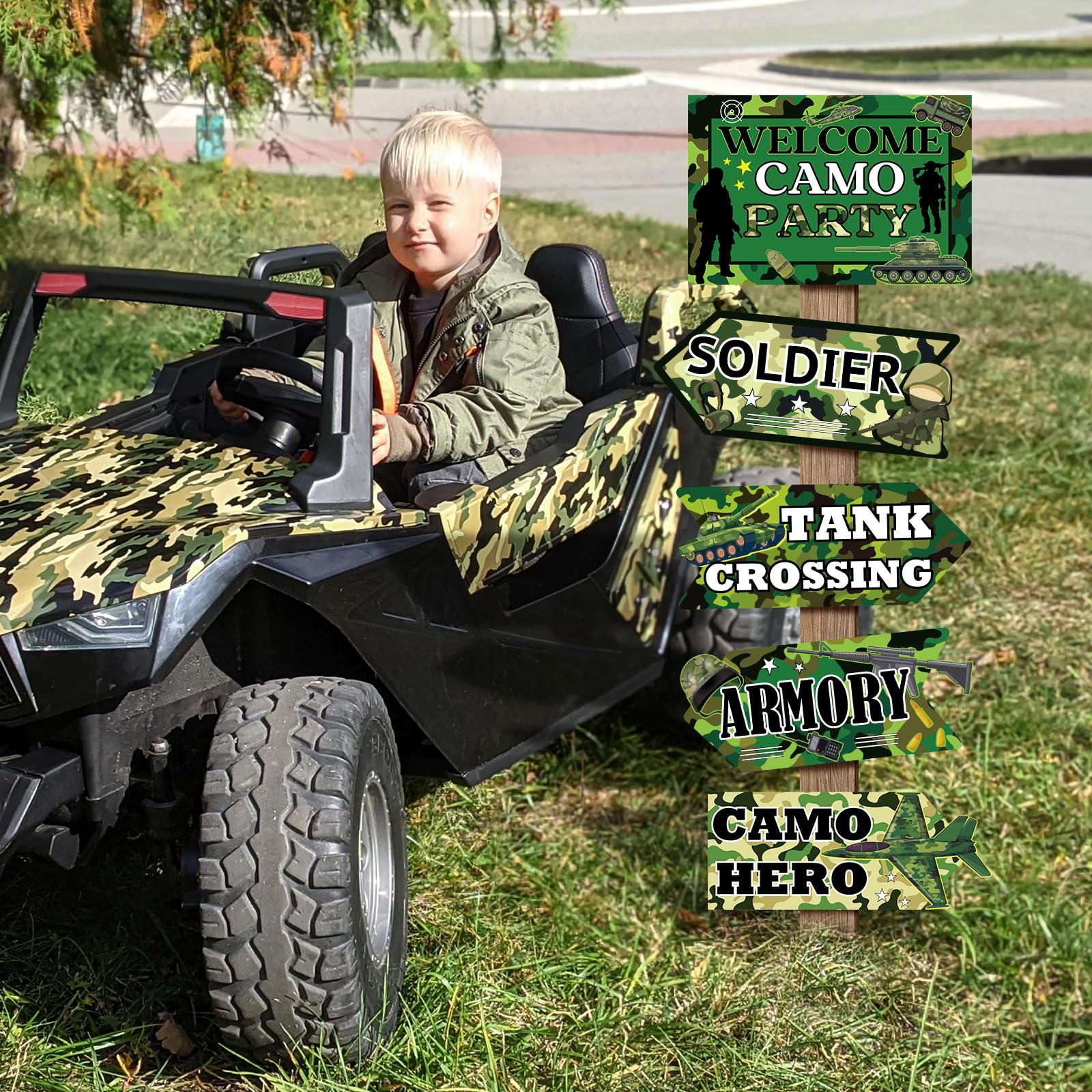Hooqict 20 Pieces Camo Party Signs Army Birthday Party Decorations Camouflage Military Birthday Party Supplies for Boys Men Army Themed Directional Sign