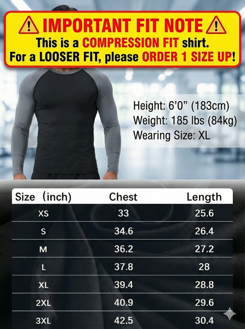 5 Pack Men's Long Sleeve Compression Shirts Base Layer, Dry Fit Moisture Wicking Running Gym Workout Undershirt Athletic Top(US, Alpha, X-Large, Regular, Regular, 5 Pack)