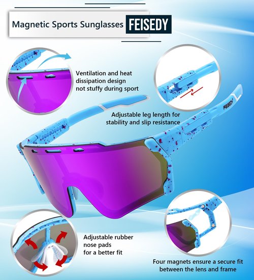 FEISEDY Cycling Sports Sunglasses Wraparound Magnetic Lens Adjustable Legs Visor Men Women Youth Shield B0028