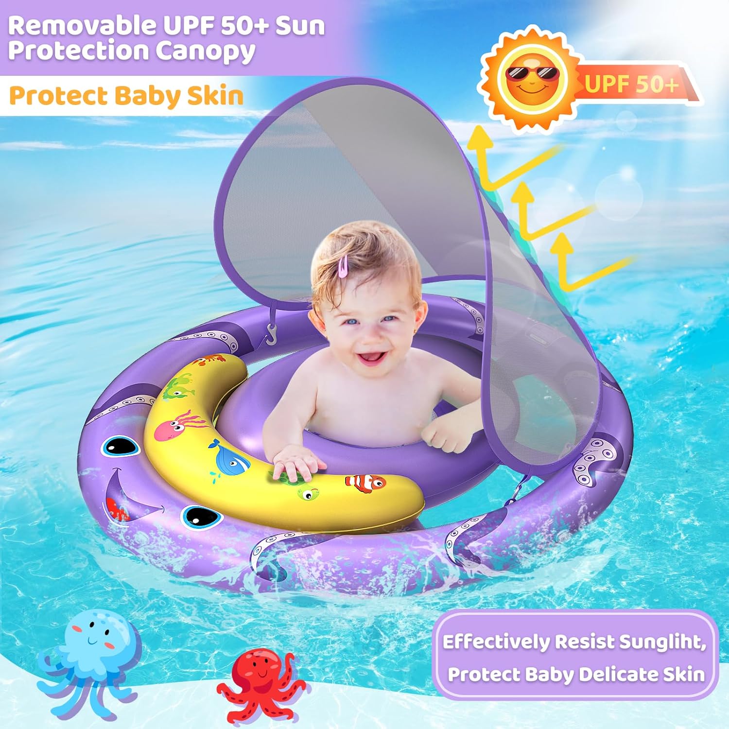 Skiennix Baby Pool Float - Removable UPF50+ Sun Protection Canopy | Extra Wide Octopus Design for 6-24 Months