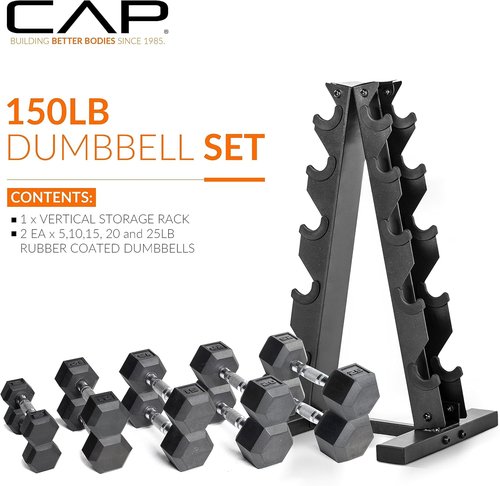 CAP Barbell Rubber Coated Dumbbell Weight Set - Vertical Rack Included | Options: 100 lb, 150 lb, 210 lb