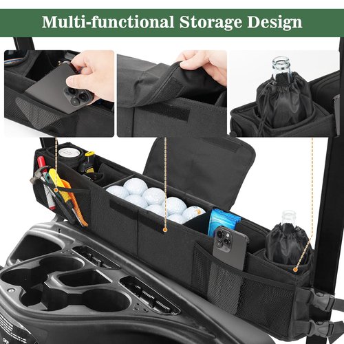 Adjustable Golf Cart Front Storage Basket with Insulated Cup Holders, No Drilling Golf Cart Organizer Bag Golf Cart Inner Storage Tray Universal Compatible with EZGO Club Car Drive Kandi Yamaha