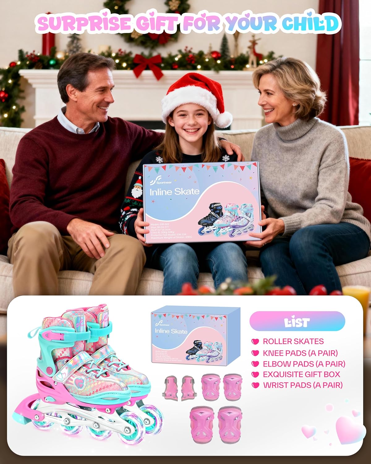 Sportneer Adjustable Inline Skates for Girls | Light-Up Wheels & Protective Gear Set | Sizes 12C-9