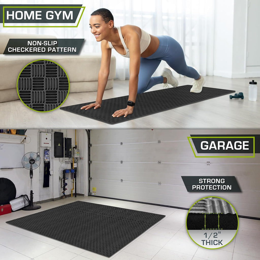 ProsourceFit Exercise Puzzle Mat - ½-Inch Checkered EVA Foam Tiles | Non-Slip, Shock Absorbing, Waterproof Gym Flooring, Black