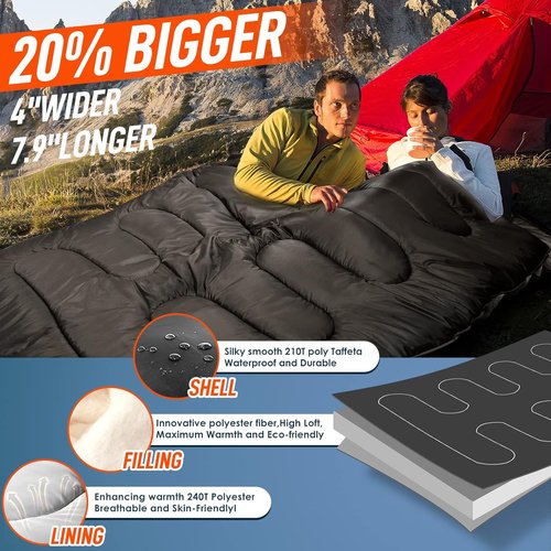 MEREZA Double Sleeping Bag - XL Queen Size for Adults | All-Season Comfort for Camping & Hiking