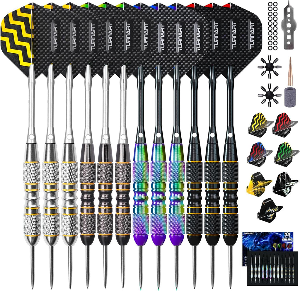 Turnart Darts Metal Tip Set - Professional Steel Tip Darts 12 Pcs with Stylish Case & Extra Flights