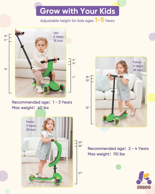 KRIDDO 5-in-1 Kids Kick Scooter, Lean-to-Steer, Toddler Toy Scooter with Adjustable Height, 3 Lighted Wheels, Ideal for Indoor & Outdoor, Gift for Kids Ages 1-5 Years, Green