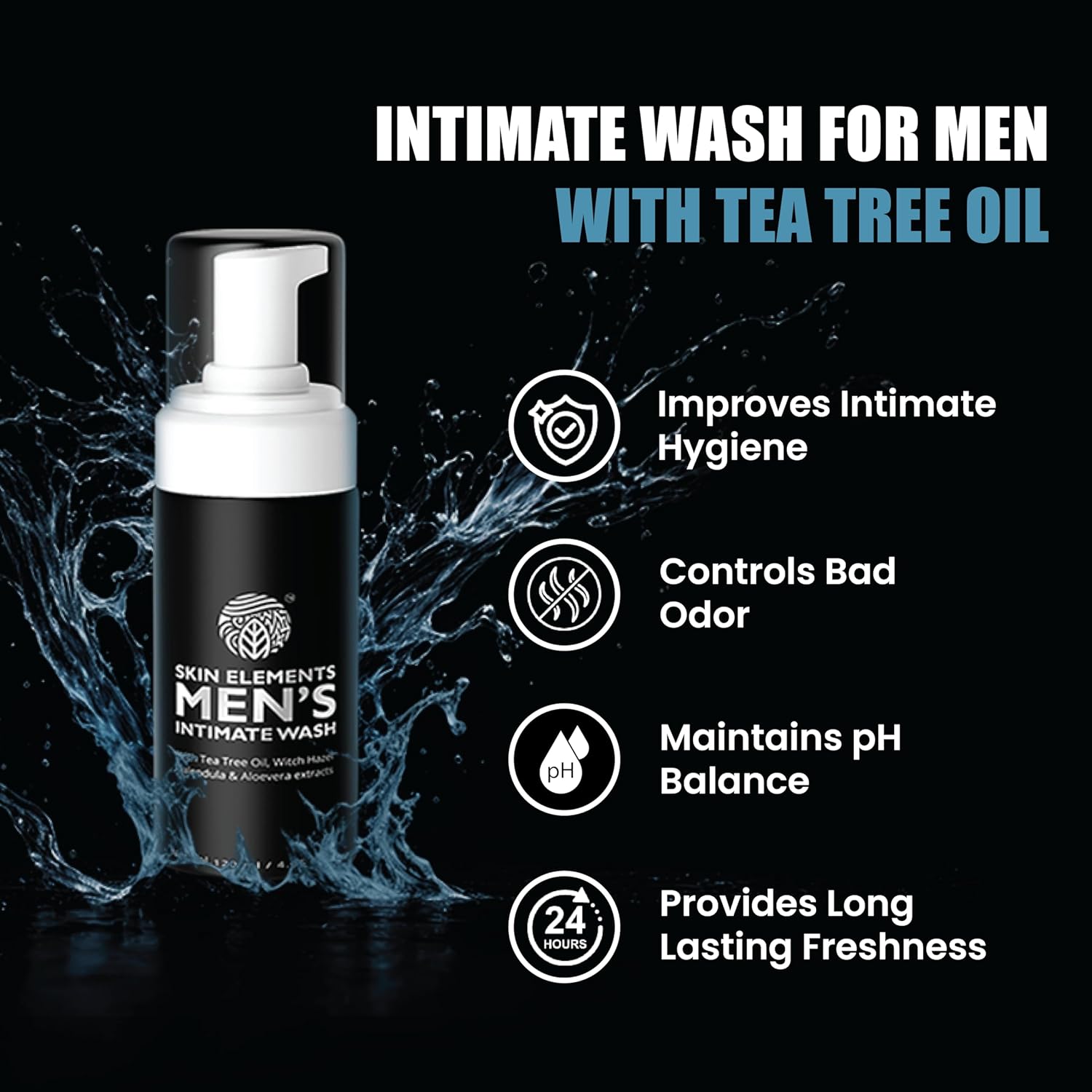 Skin Elements Intimate Wash for Men - pH Balanced Foaming Cleanser with Tea Tree Oil & Aloe Vera | 4.05 fl. oz.