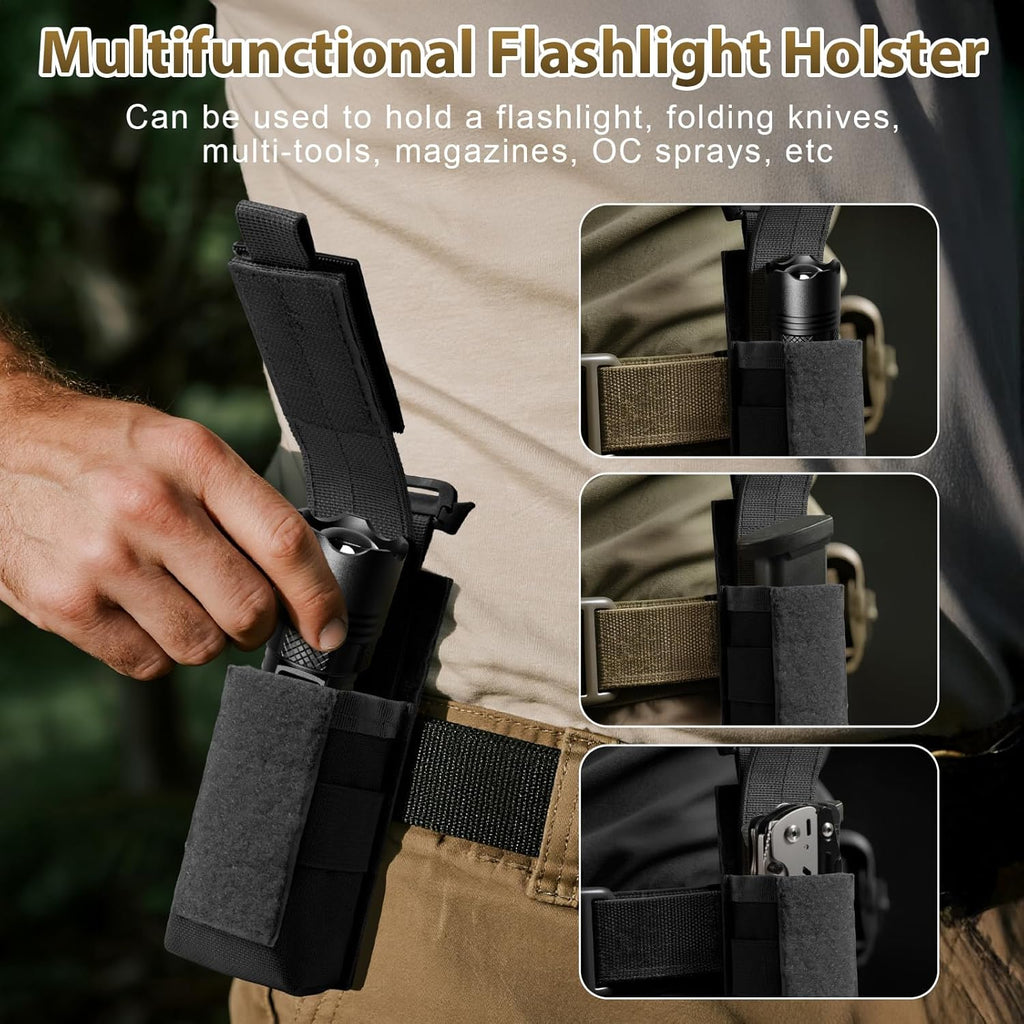 Skiennix Tactical Flashlight Holster - Adjustable Molle Pouch for Duty Belt & Backpack | Includes USA Flag Patch