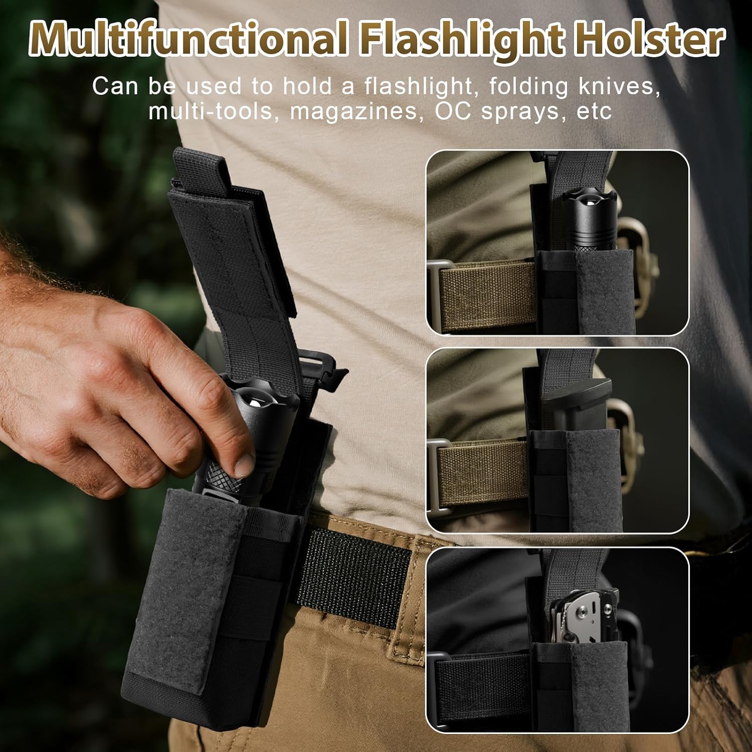 Skiennix Tactical Flashlight Holster - Adjustable Molle Pouch for Duty Belt & Backpack | Includes USA Flag Patch