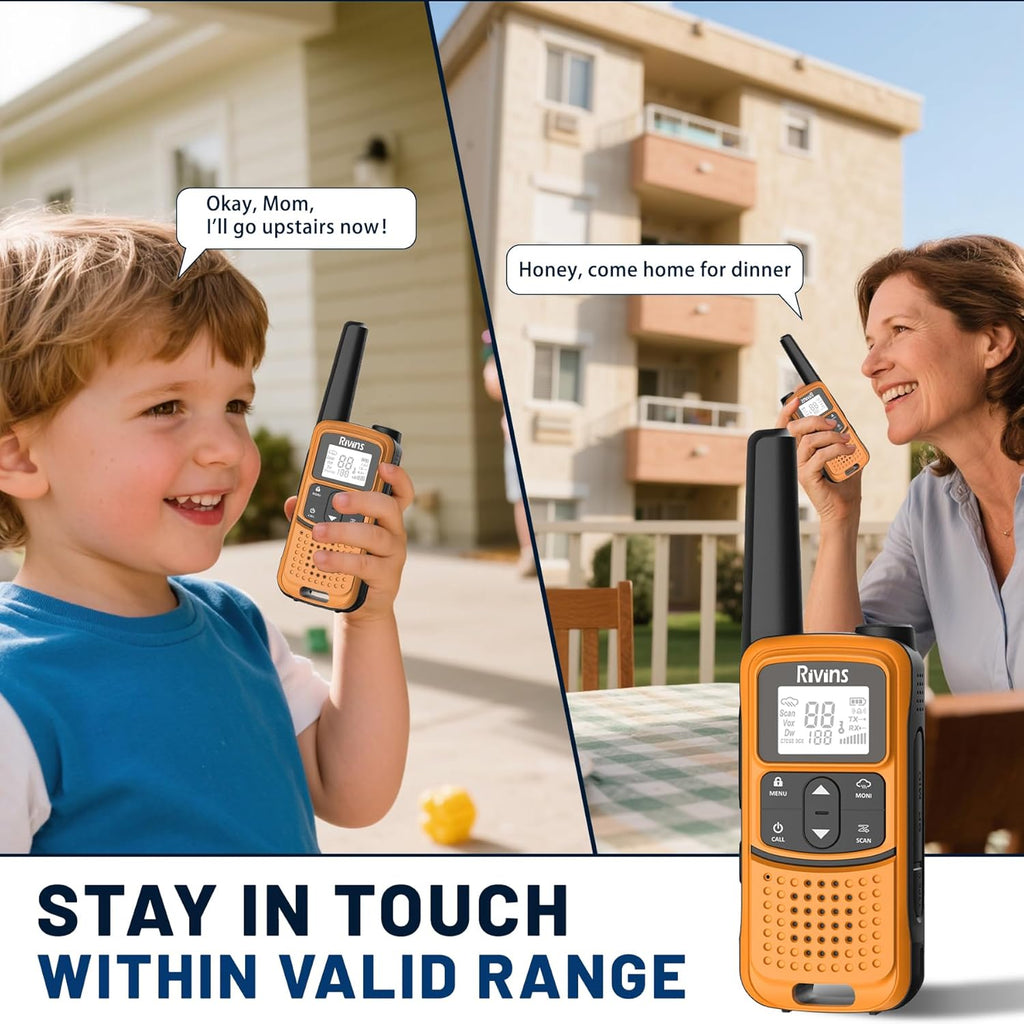 Rivins F22 Rechargeable Walkie Talkies - Long Range 1400mAh Battery, NOAA, USB-C, Flashlight | 2 Pack, Orange