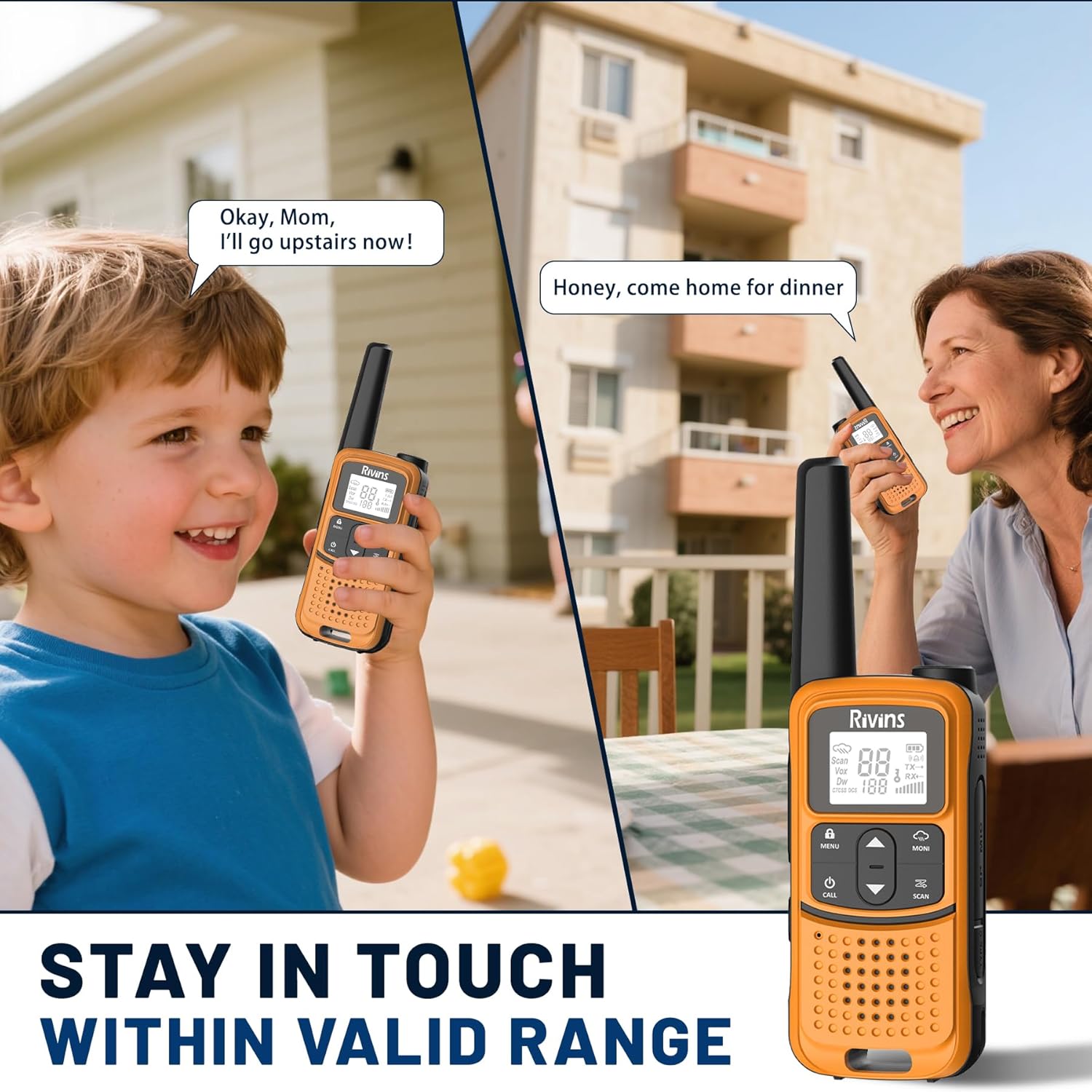 Rivins F22 Rechargeable Walkie Talkies - Long Range 1400mAh Battery, NOAA, USB-C, Flashlight | 2 Pack, Orange