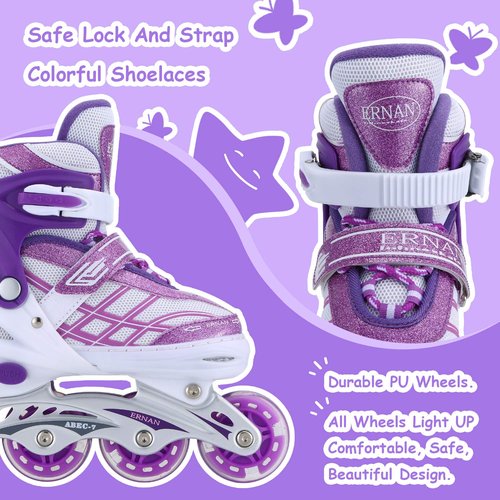 Kids Inline Skates for Girls Boys Beginners Adjustable, All 8 Wheels Illuminating. (Purple, Small (12J-2))