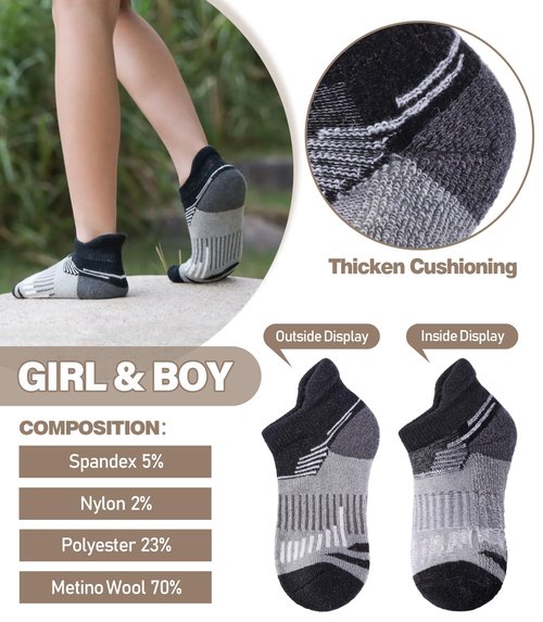 LANLEO Kids Merino Wool Ankle Hiking Athletic Running Socks Girls Boys Teens Winter Warm Thick No Show Socks 6 Pairs Black, 8-12 Year Old