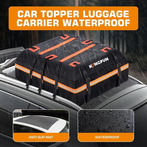 Kingfun Car Rooftop Cargo Carrier - Waterproof 15 Cu Ft Roof Bag for All Vehicles | Includes Anti-Slip Mat & 8 Straps