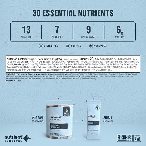 Nutrient Survival Vitamin Powdered Milk - Freeze-Dried Emergency Food Supply | 21 Essential Nutrients, Gluten & Soy Free, 50 Servings