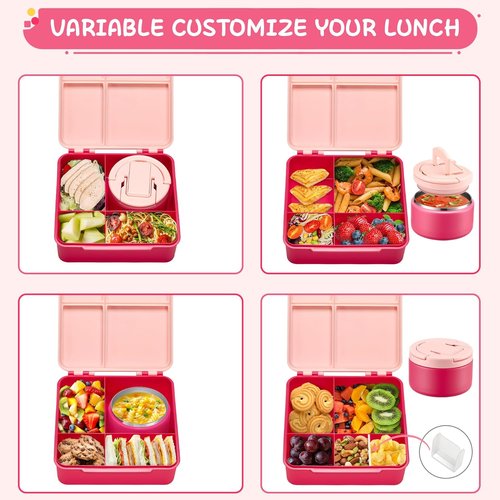 MAXSO Bento Lunch Box Set - Leakproof 4-Compartment Hot Food Container with 8 oz Soup Thermo - Pink
