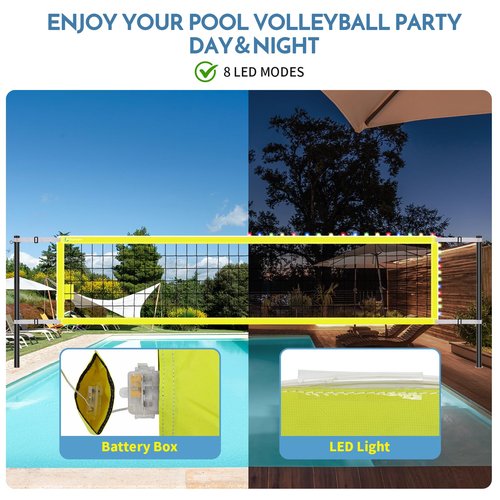 Base Free Swimming Pool Volleyball Net Set for Above Ground/Inground Pools with 1.5“ Aluminium Poles, 15-25 Width Adjustable Anti-Sagging Net, 2 Water Volleyballs and Carry Bag (Yellow)
