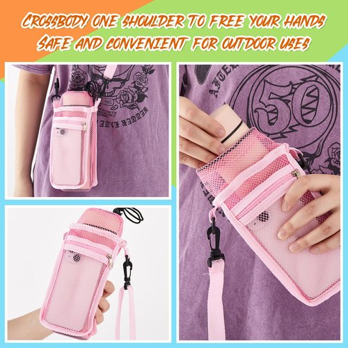 Berlune 4 Pcs Water Bottle Holder with Strap Drawstring Water Bottle Carrier with Zipper Pocket Adjustable Shoulder Mesh Sling Bag for Hiking Walking Camping Travel (4 Colors)