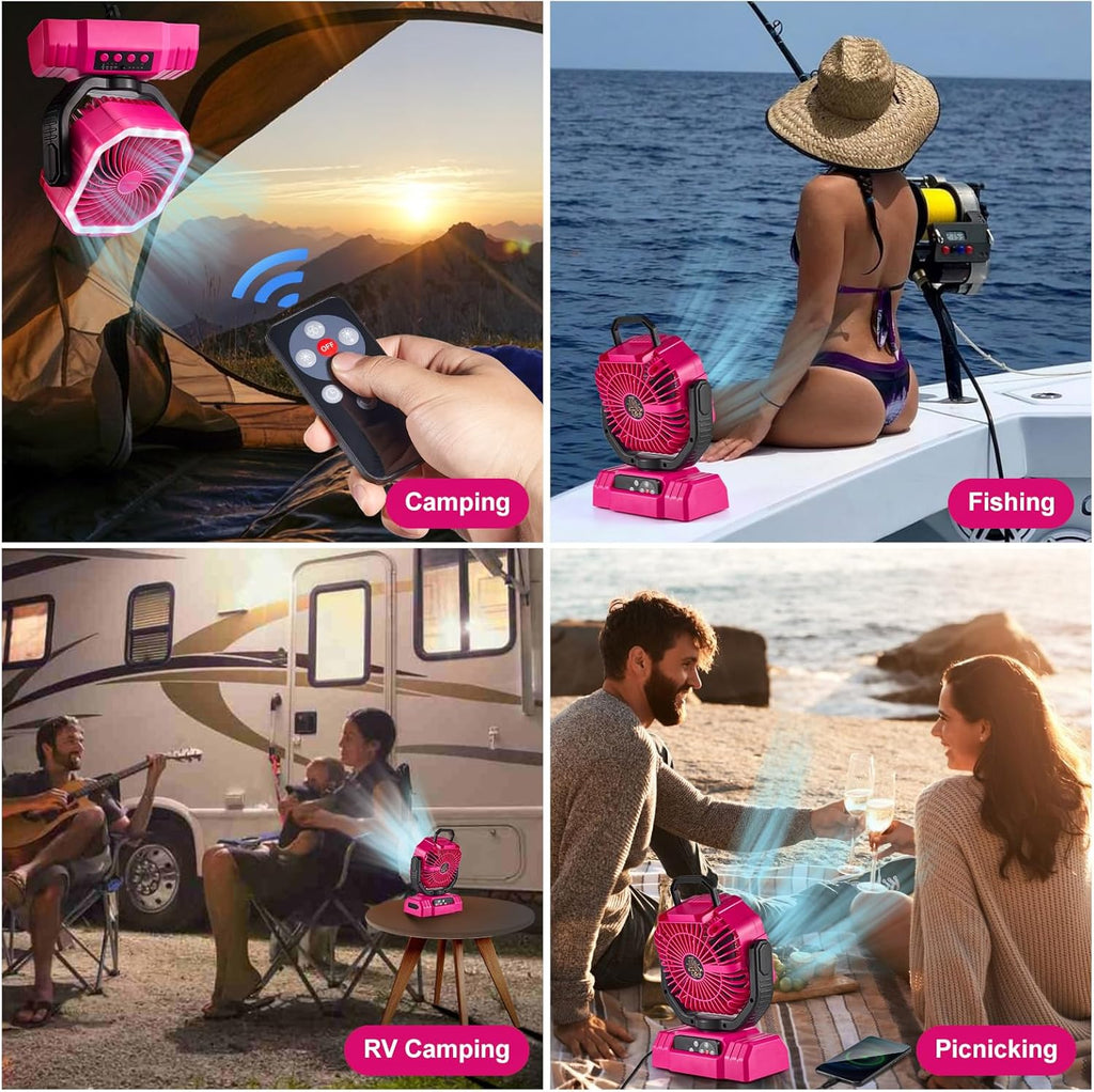 Odoland Portable Camping Fan - 20000mAh Rechargeable Battery, LED Lantern, 360° Rotation, Pink
