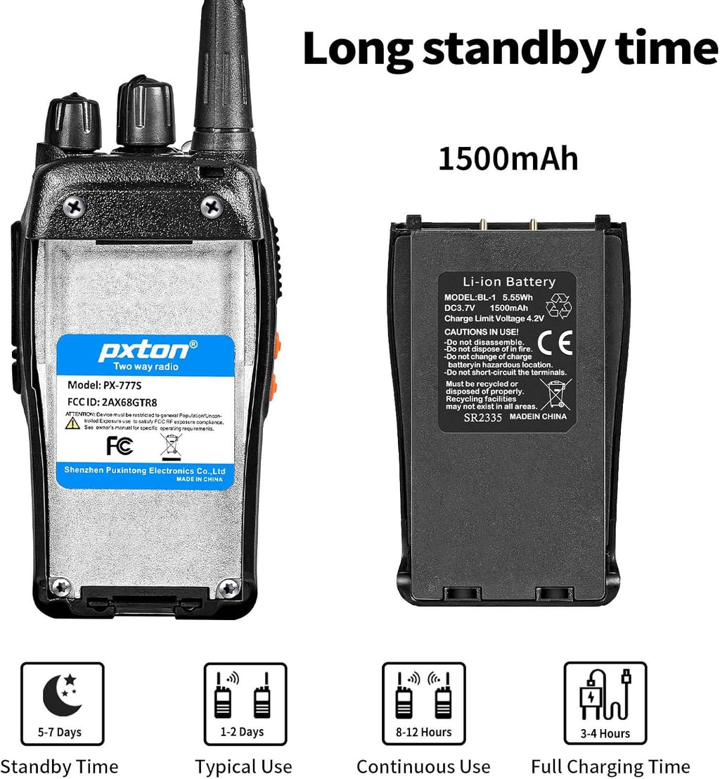 Pxton Walkie Talkies 777S & 888S - Long Range Rechargeable Two-Way Radios with Earpieces | 8 Pack