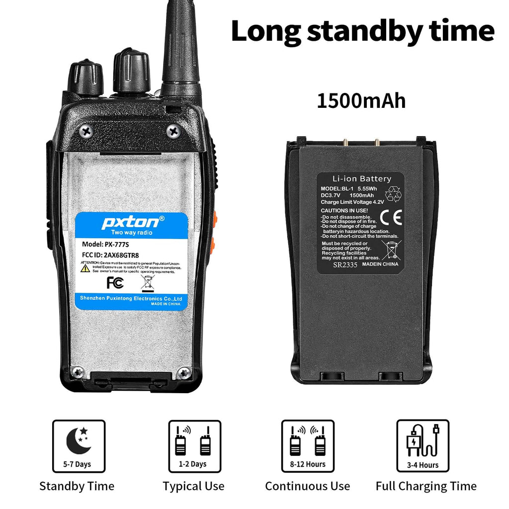 pxton 777S walkie talkies Long Range for Adults Rechargeable with Earpieces and Li-ion Battery,Two Way radios has VOX/TOT/Emergency Alarm/Battery Low Alert/Flashlight/Scan Function（4 Pack）