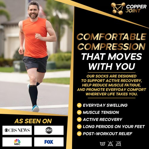 CopperJoint Copper Compression Socks for Women & Men, Knee High Support Socks, Wide Calf Friendly, Breathable Comfort for Work, Travel and Everyday Wear, 1 Pair, Medium, Black and Tan