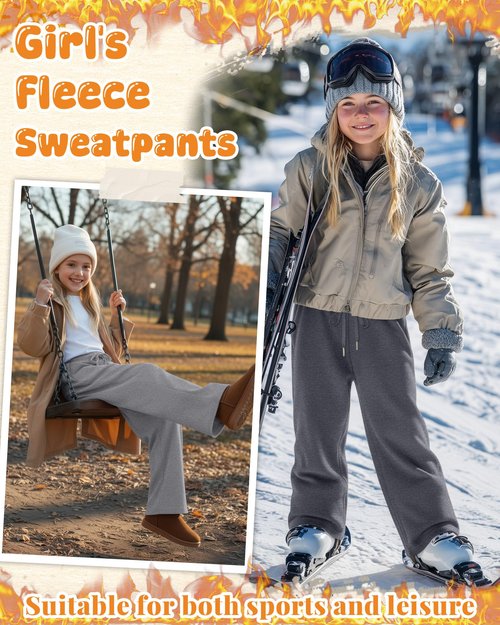 LessonZoo 3 Pack Girls' Fleece Sweatpants Wide Leg Drawstring Casual Kids Joggers Open Bottom Loose Teen Pants with Pockets(Dark Mixed Gray, Light Mixed Gray, Black,Large)