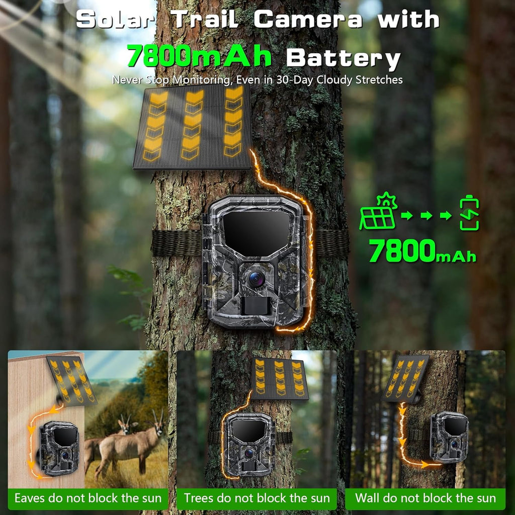Trail Camera - Solar Powered 4K 60MP WiFi Game Camera with 0.1s Trigger & 7800mAh Battery | 65FT Detection, Night Vision, IP66 Waterproof, 32GB Card Included