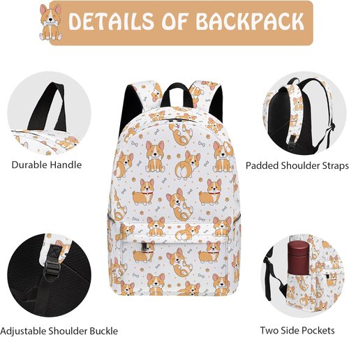 Corgi Cute 3PCS Backpack Set - Lightweight 17 Inch Bookpack for Teens | Includes Lunch Box & Pencil Case