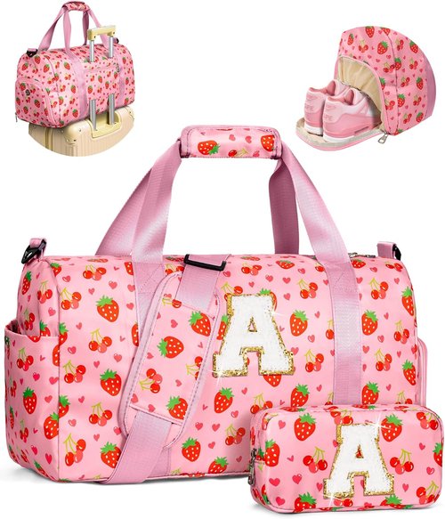 Elilier Dance Bag for Girls, Birthday Gifts for 4 5 6 7 8 9 10 Year Old Girls Kids, Initial Kids Duffle Bag, Cute Weekender Overnight Sleepover Gym Bag with Shoe Compartment, Girly Stuff