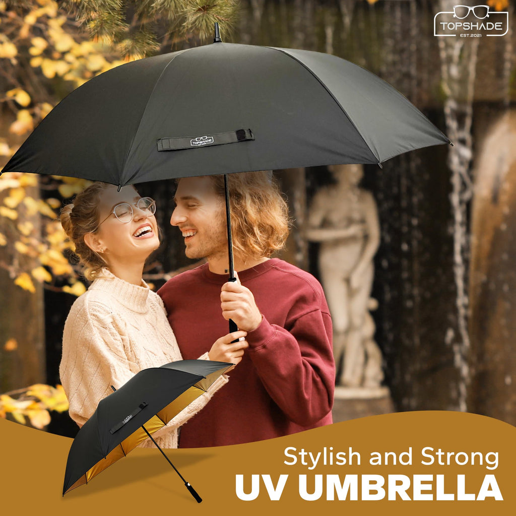 TopShade Golf Umbrella 60 Inch - Large 52-Inch Diameter Single Canopy, Wind Resistant Fiberglass Frame, Gold UV Protection, Auto Open - Black/Gold