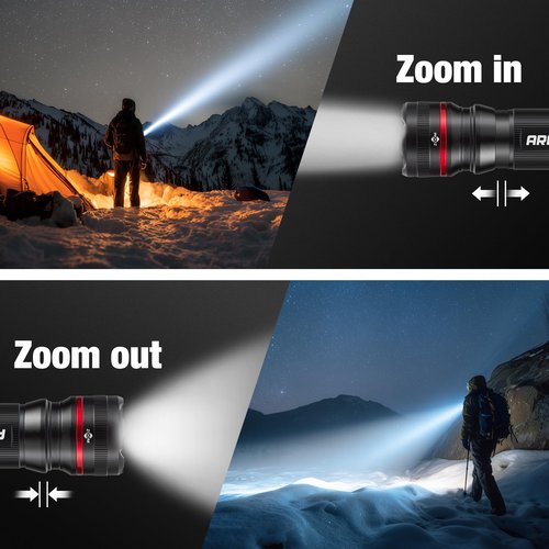 Arrow LED Flashlight 500 Lumens, Zoomable Flash Light with High-Low-Strobe Modes, Bright Handheld Flashlights for Outdoor, Camping, Repair, or Emergency Use, 3 AAA Batteries Included