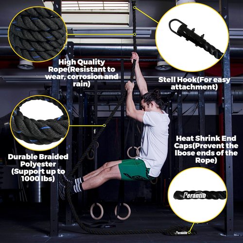 100% Polyester Climbing Rope with Hooks - Heavy Duty 1000LBS Load Capacity, 1.5inch Diameter, 10,15,20,25,30,50ft Length for Outdoor Rock Climbing, Rescue & Escape (10ft)