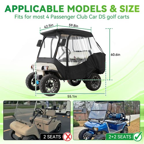 Panglong 4 Passenger Club Car DS Enclosure, Polyester Enclosure with 2 Zipper Door and 4 Side Clear Windows, Waterproof DS Rain Cover fit 4 Passenger Club Car DS Golf Cart
