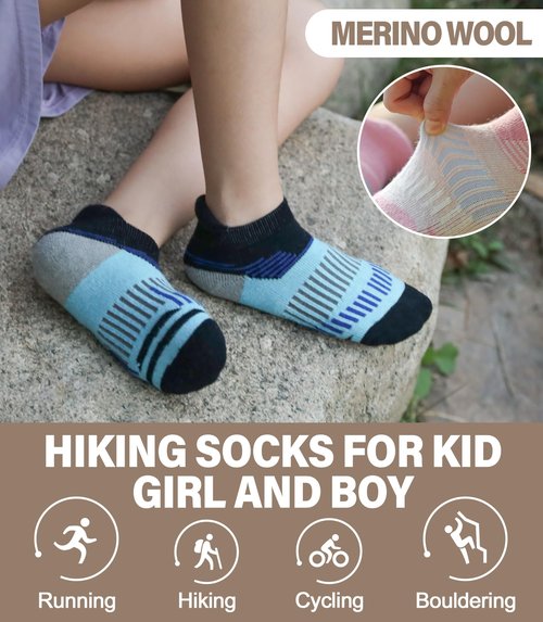 LANLEO Kids Merino Wool Ankle Hiking Athletic Running Socks Girls Boys Teens Winter Warm Thick No Show Socks 6 Pairs Black, 8-12 Year Old