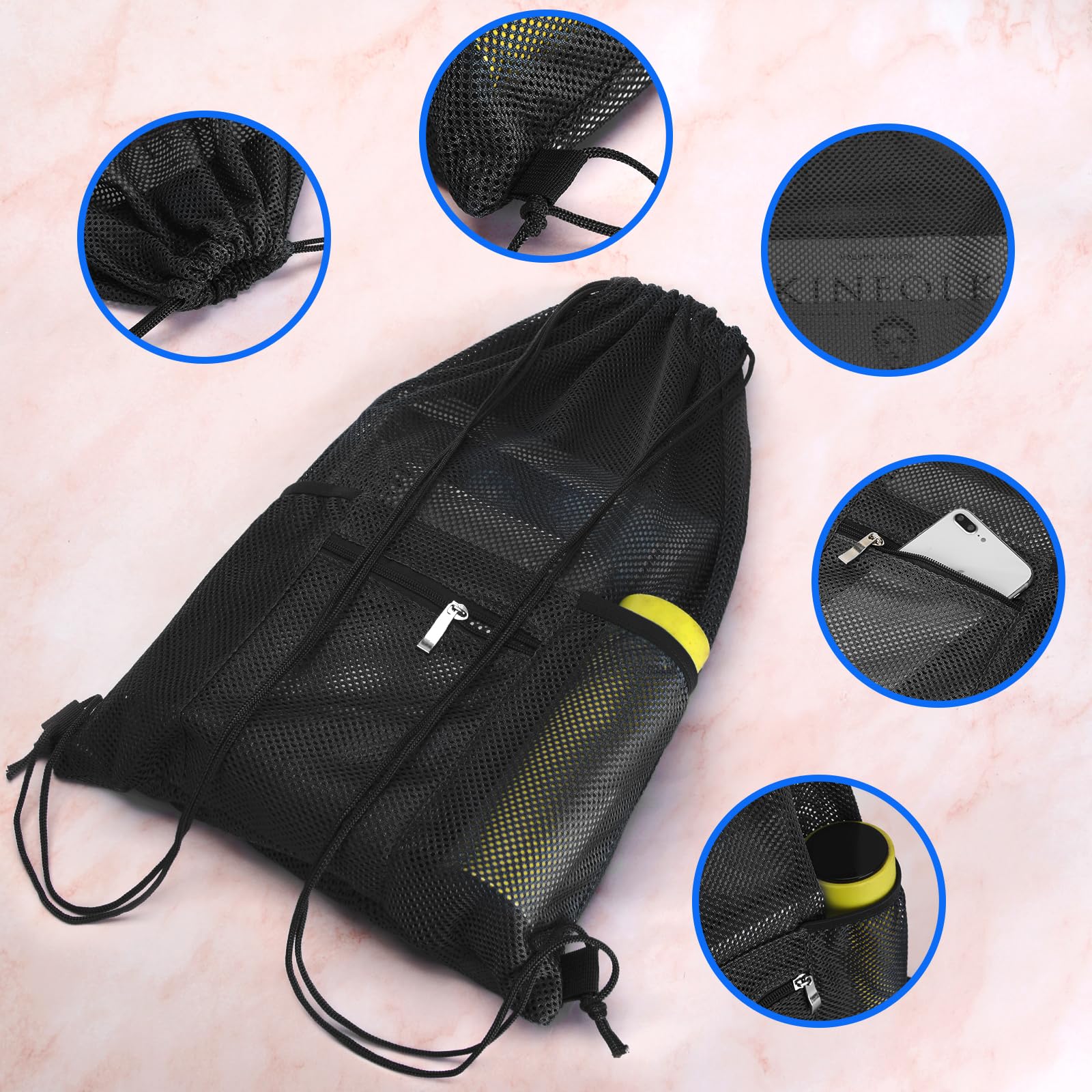 NATURAL STYLE Mesh Drawstring Backpack Bag, Gym Sports Bag with Zipper Pocket Bottle Holder, String Beach Bag for Swiming Travel (Black)
