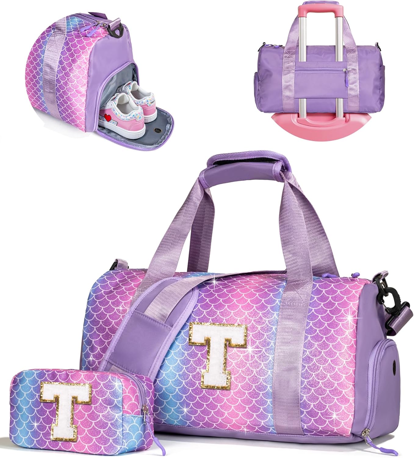 Skiennix Personalized Gym Bag for 8-Year-Old Girls - Stylish Weekender Tote with Shoe Compartment & Makeup Pouch (Letter T)