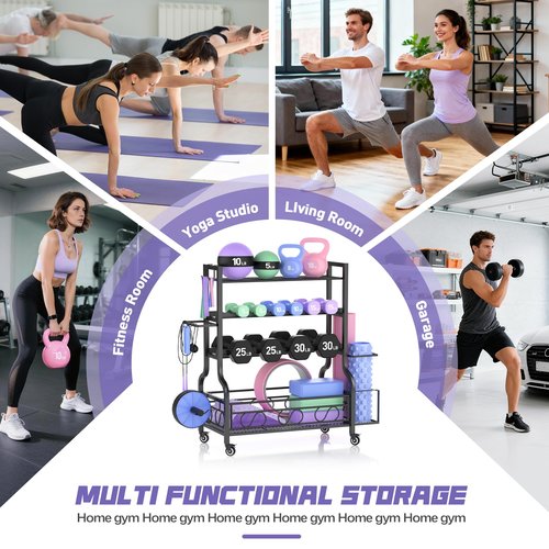 PARTPHONER Adjustable Dumbbell Rack, Weight Rack for Home Gym Storage, Home Gym Storage for Stores Dumbbells, Kettlebells and Yoga Mats, All in One Workout Storage Racks with Wheels and Hooks, Durable Powder Coated Steel