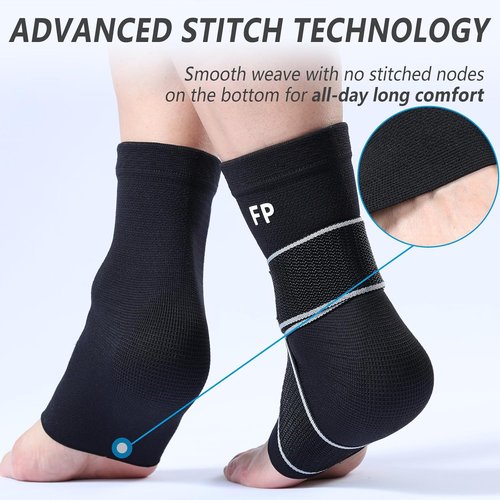 Ankle Brace by Copper Fit | 2-Pack Compression Sleeves for Sprains & Plantar Fasciitis Relief - Black, Large