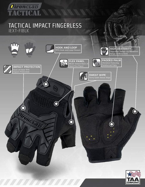 Ironclad IEXT-FIBLK-05-XL Tactical Fingerless Impact Glove Black, X-Large