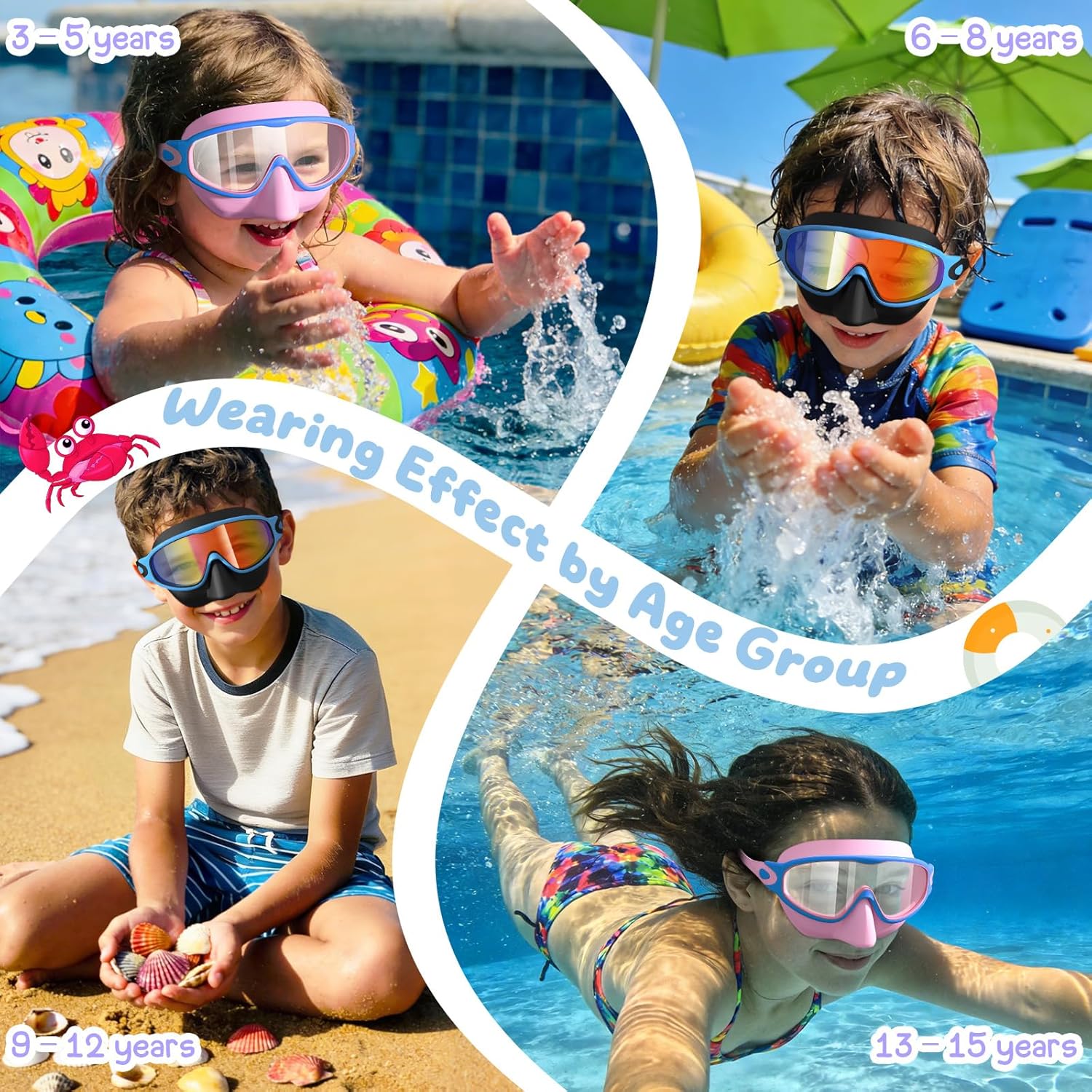 VegoVia Kids Swim Goggles - Anti-Fog UV Protection with Nose Cover | 2 Pack for Ages 3-15