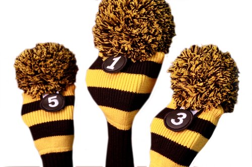 Majek Golf Club Head Covers Black and Yellow Limited Edition Throwback Long Neck Knit Retro Pom Pom Traditional Classic Vintage Old School Ultimate 460cc Driver Fairway Wood Golf Head Cover Stripe Set