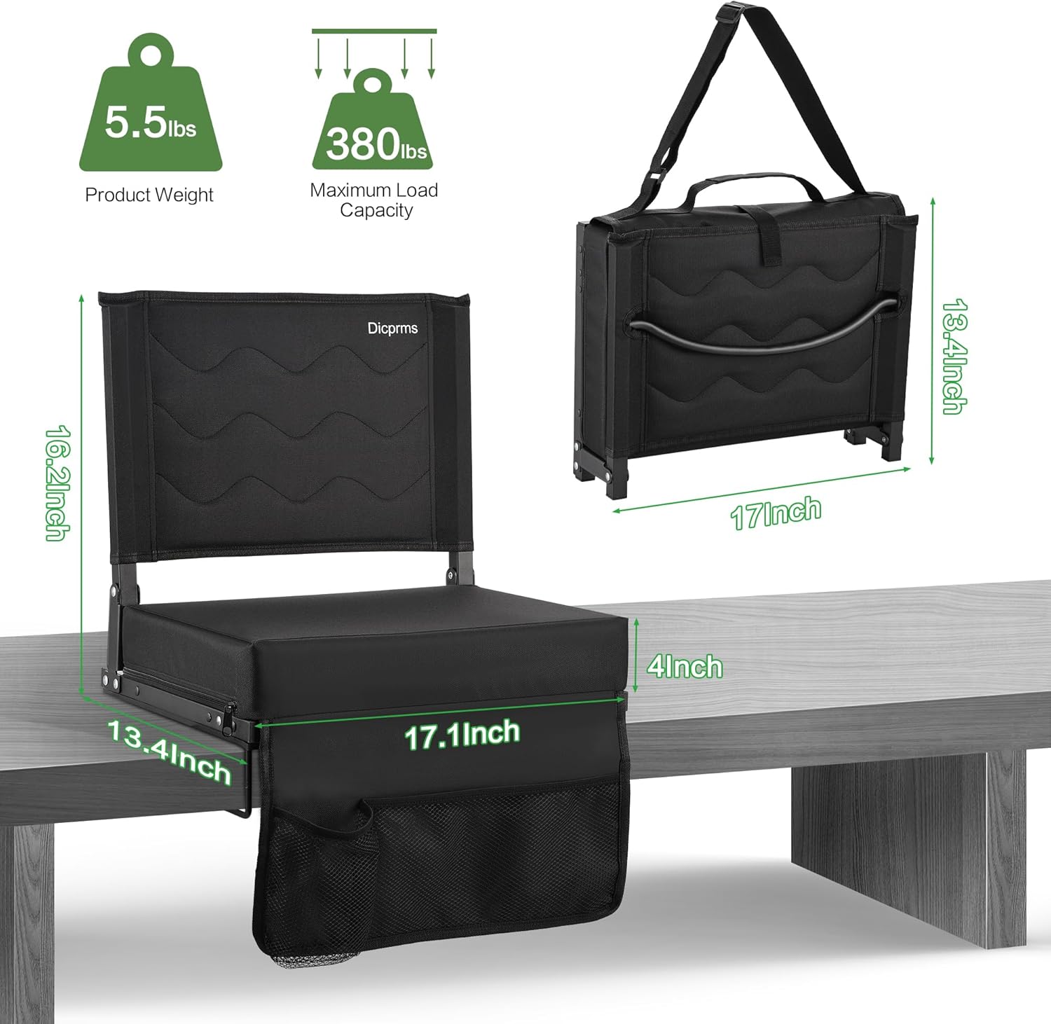 Skiennix Stadium Seats - Portable Bleacher Chairs with Back Support & Thick Padding | Black