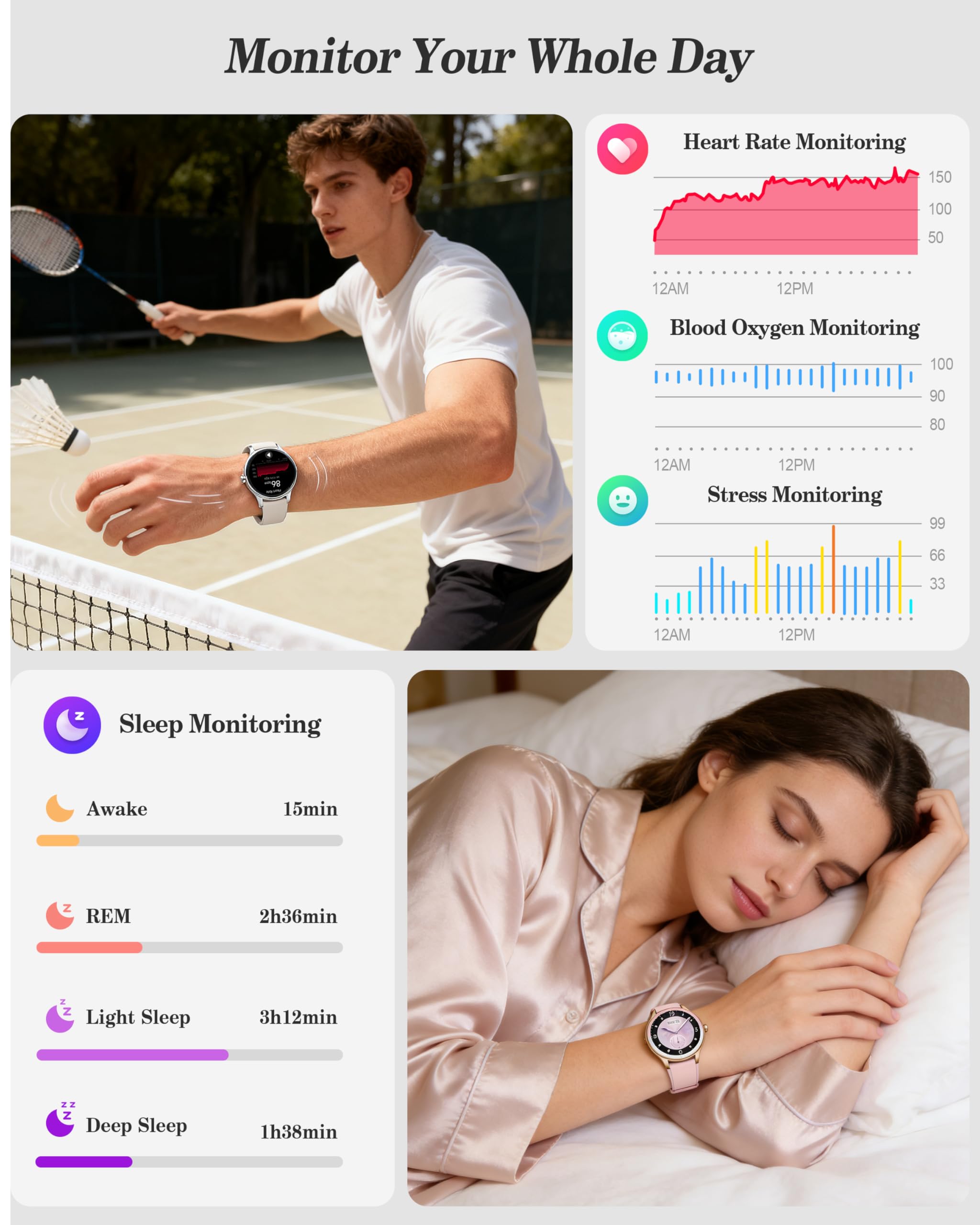 Smart Watch for Women, Ladies & Men, 1.27'' Fitness Watch [41mm case] with Call Receive/Dial, Heart Rate/Stress/Sleep Monitor, AI Voice, IP68 Waterproof Smartwatch with Calendar, Calculator, Games