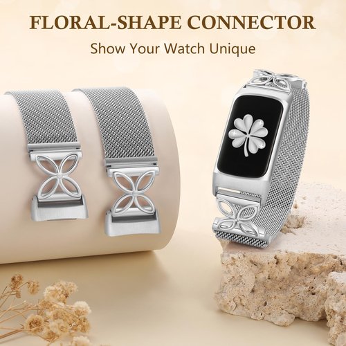 GEAK Floral-Shape Design Bands Compatible with Fitbit Charge 6/Charge 5 Bands for Wmen Men, Adjustable Metal Mesh Milanese Loop Strap Replacement for Fitbit Charge 6/Charge 5 Fitness Trackers