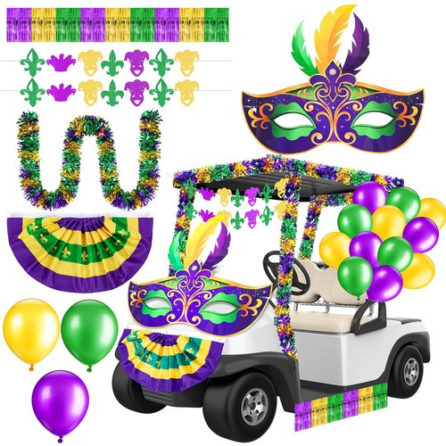 Lunmon 39-41 Pcs Mardi Gras Golf Cart Decoration Kit Purple Green Gold Car Wagon Parade Supplies Tragedy Comedy Mask Garland Decor for Holiday Party Decoration(Mardi Gras)