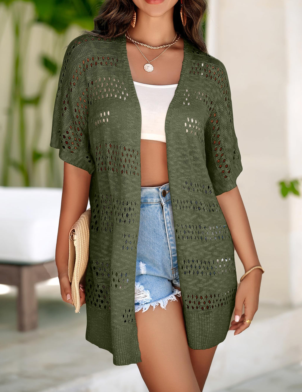 Zeagoo Crochet Cardigan for Women Light Weight Boho Short Sleeve Loose Fit Knitted Oversized Cardigan for Summer Dark Green